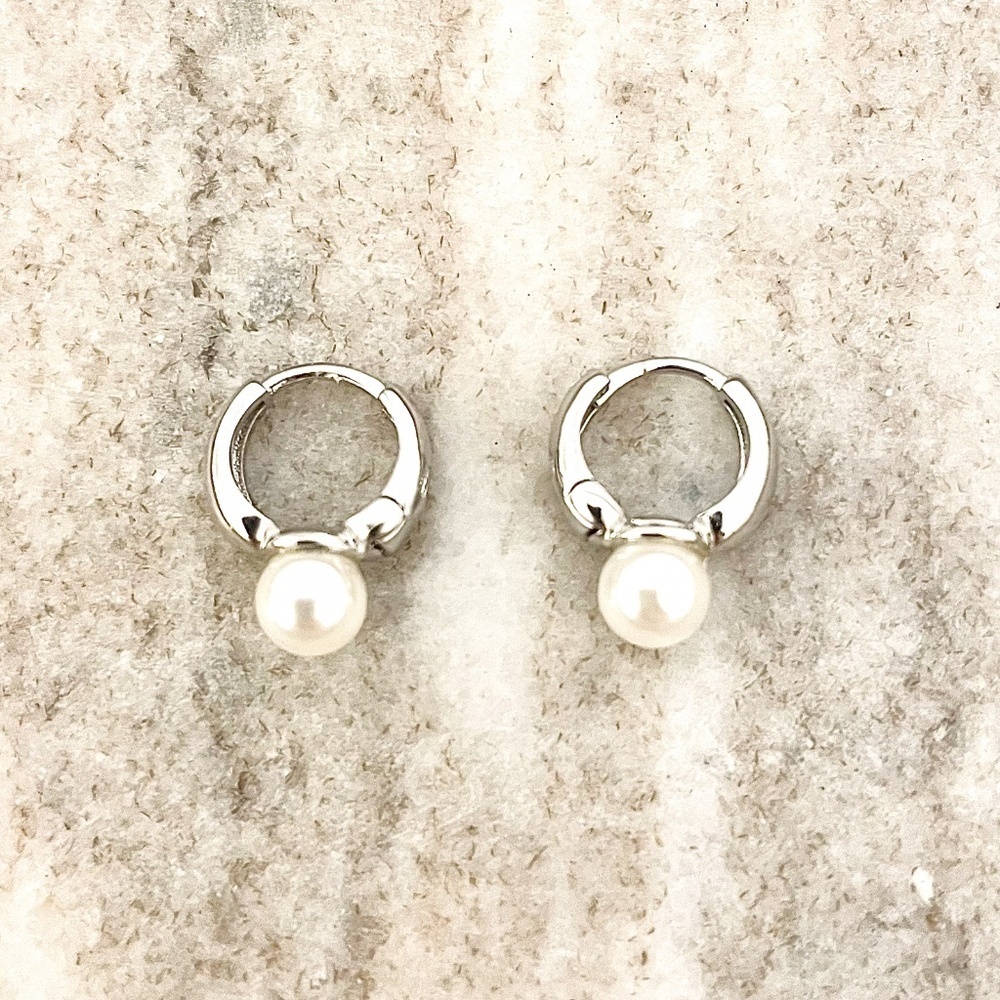 925 Sterling Silver Pearl Huggie Earrings Small Huggie Hoop Earrings - Picture 3 of 8